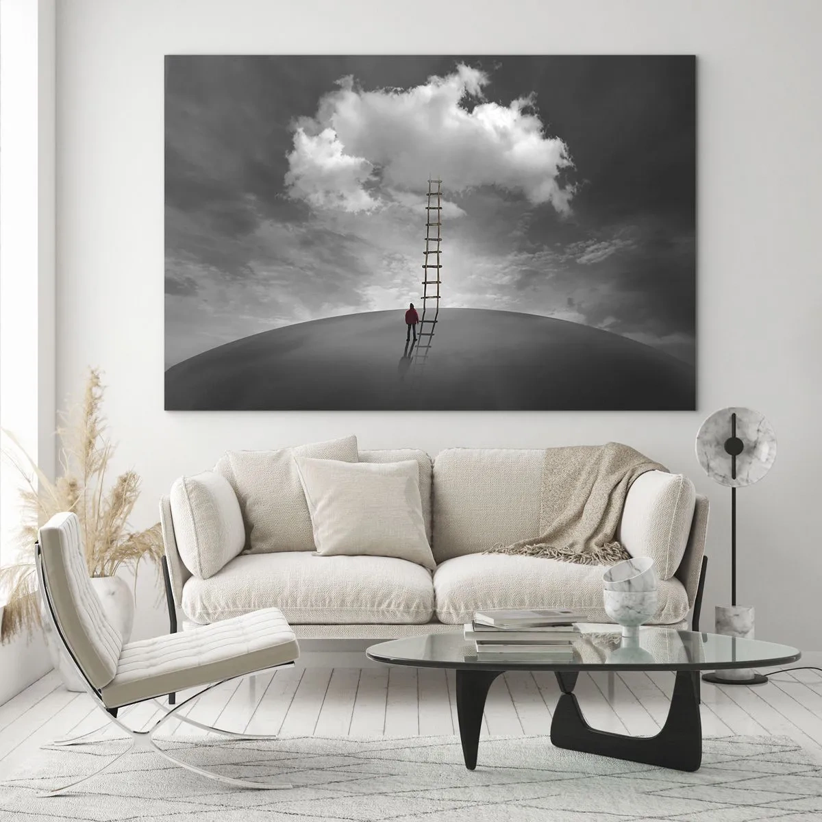 Obraz na skle - Človek sa pozerá na rebrík vedúci k oblaku. - 70x50cm - Všetko je možné - Moderná nástenná dekorácia do obývacej izby a spálne ARTTOR