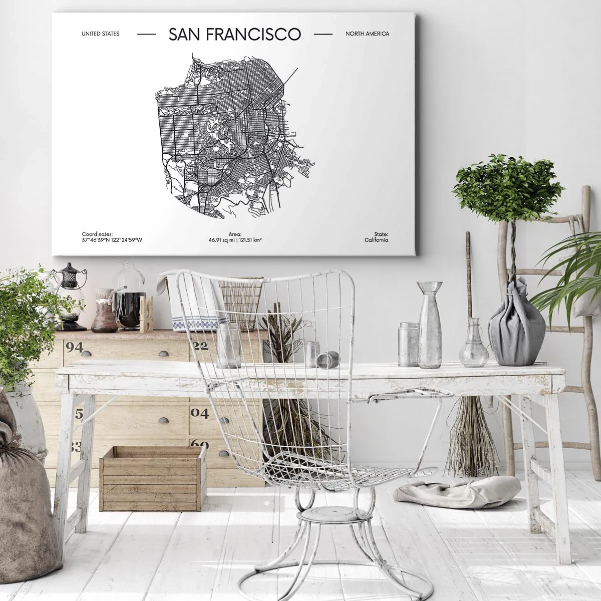 Obraz na plátne - Mapa San Francisca v čiernobielom minimalistickom štýle. - 70x50cm - Anatómia San Francisca - Moderná nástenná dekorácia do obývacej izby a spálne ARTTOR