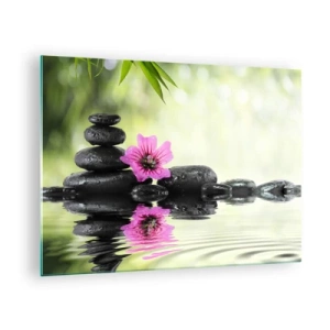 Obraz na skle - Čierne kamene a ružový kvet na pozadí prírody - 70x50cm - Čas pre dušu - Moderná nástenná dekorácia do obývacej izby a spálne ARTTOR