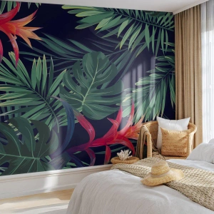 Fototapeta Premium Sand - Vzplanúť v zelenom - Kvety, Tropická rastlina, Palmové listy - 100x70 cm
