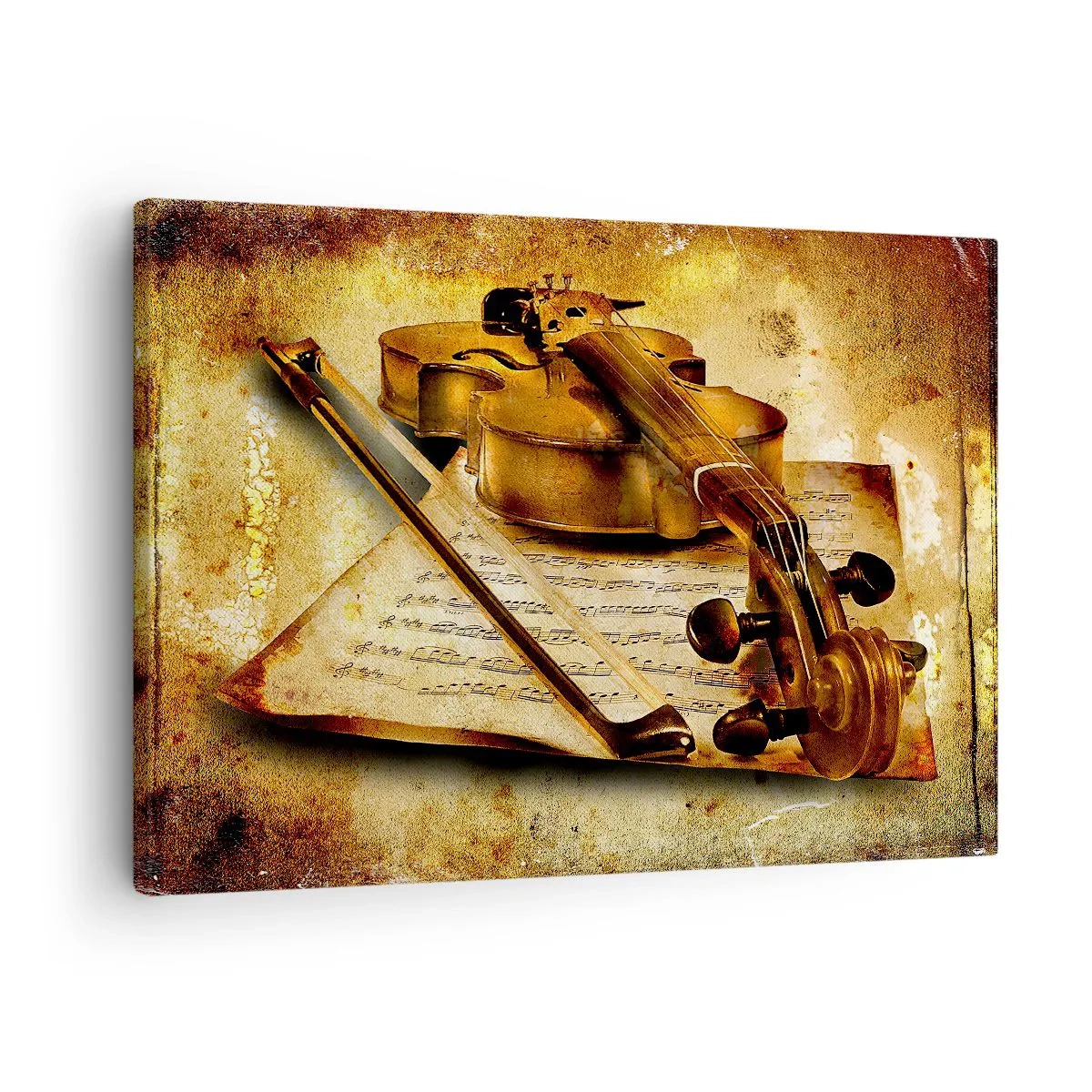 Obraz na plátne - Husle s notovým zápisom na vintage pozadí v teplých tónoch - 70x50cm - Okamžite potrebný virtuóz - Moderná nástenná dekorácia do obývacej izby a spálne ARTTOR