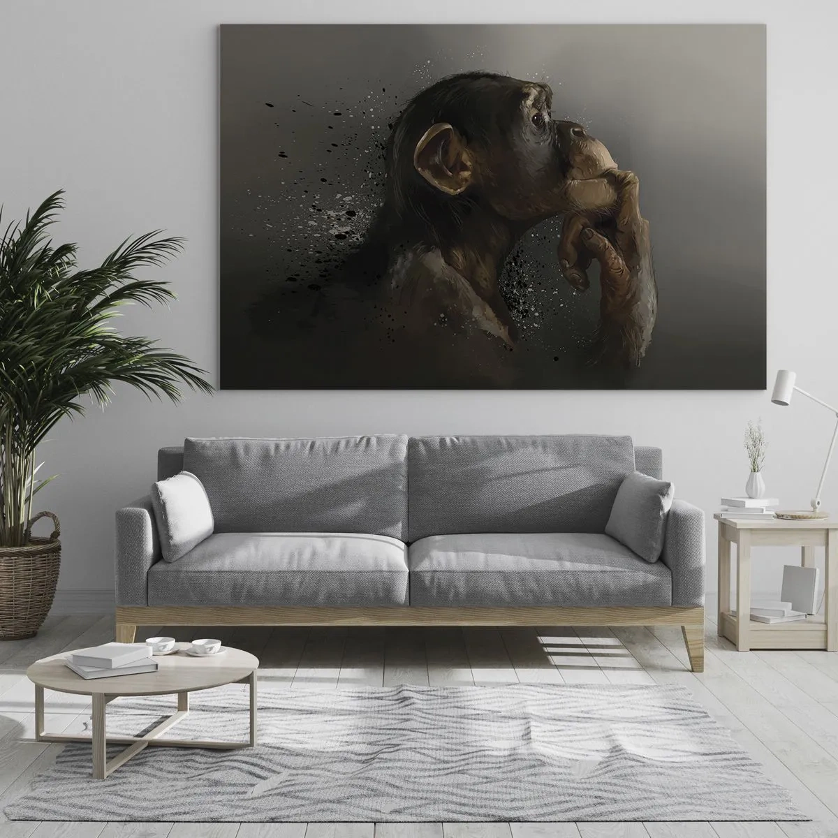 Obraz na skle - Opica vyzerá zamyslene na tmavom pozadí s efektom striekania - 70x50cm - Určite mysliteľ - Moderná nástenná dekorácia do obývacej izby a spálne ARTTOR