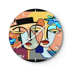 Nástenné hodiny - Farebné tváre v kubistickom štýle s kvetinovými prvkami - 30x30cm - Picassovo randez vous - Moderná nástenná dekorácia do obývacej izby, kuchyne a spálne ARTTOR