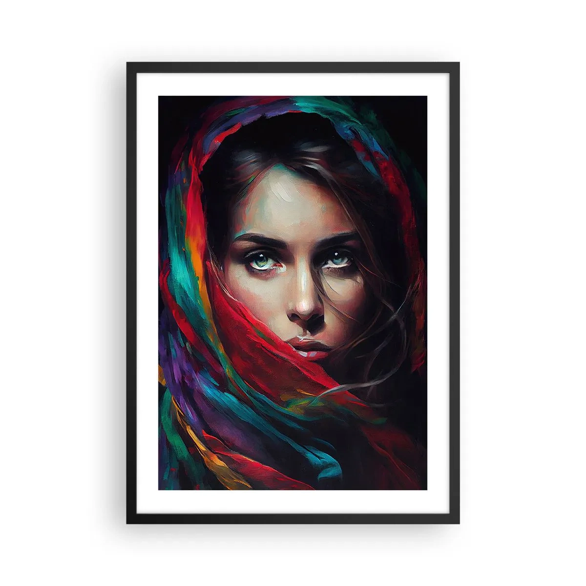 Plagát v čiernom ráme - Portrét ženy vo farebnej šatke - 50x70cm - Zelenooké tajomstvo - Moderná nástenná dekorácia do obývacej izby a spálne ARTTOR