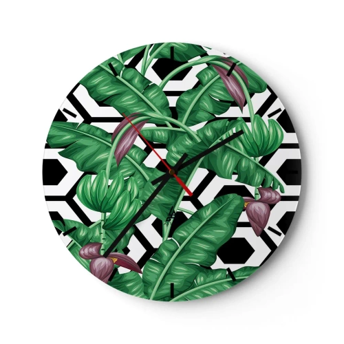 Nástenné hodiny - Tropické banánové listy na geometrickom pozadí - 30x30cm - Symetrická kompozícia od prírody - Moderná nástenná dekorácia do obývacej izby, kuchyne a spálne ARTTOR