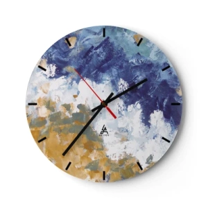 Nástenné hodiny - Expresívna abstrakcia v odtieňoch modrej, bielej a okrovej - 30x30cm - Tanec živlov - Moderná nástenná dekorácia do obývacej izby, kuchyne a spálne ARTTOR