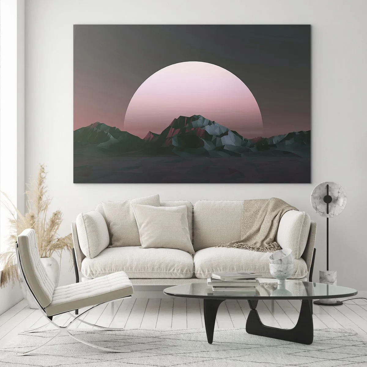 Obraz na skle - Abstraktná krajina s geometrickými horami a ružovým slnkom. - 70x50cm - V susednej galaxii - Moderná nástenná dekorácia do obývacej izby a spálne ARTTOR