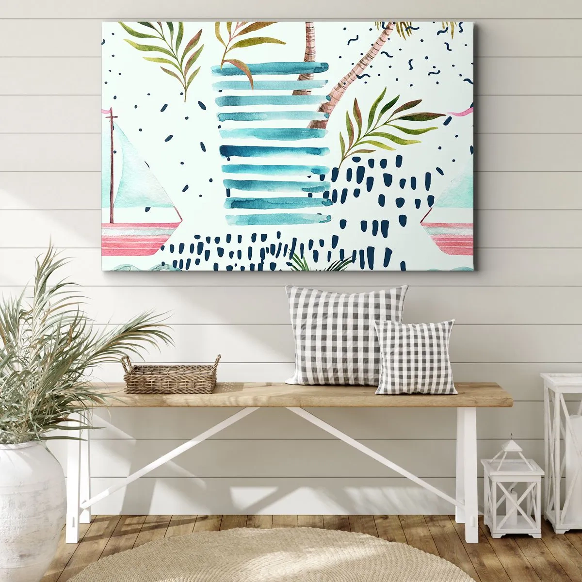 Obraz na plátne - Abstraktný vzor s palmami a námorníckymi akcentmi - 70x50cm - Prázdniny pod palmami - Moderná nástenná dekorácia do obývacej izby a spálne ARTTOR