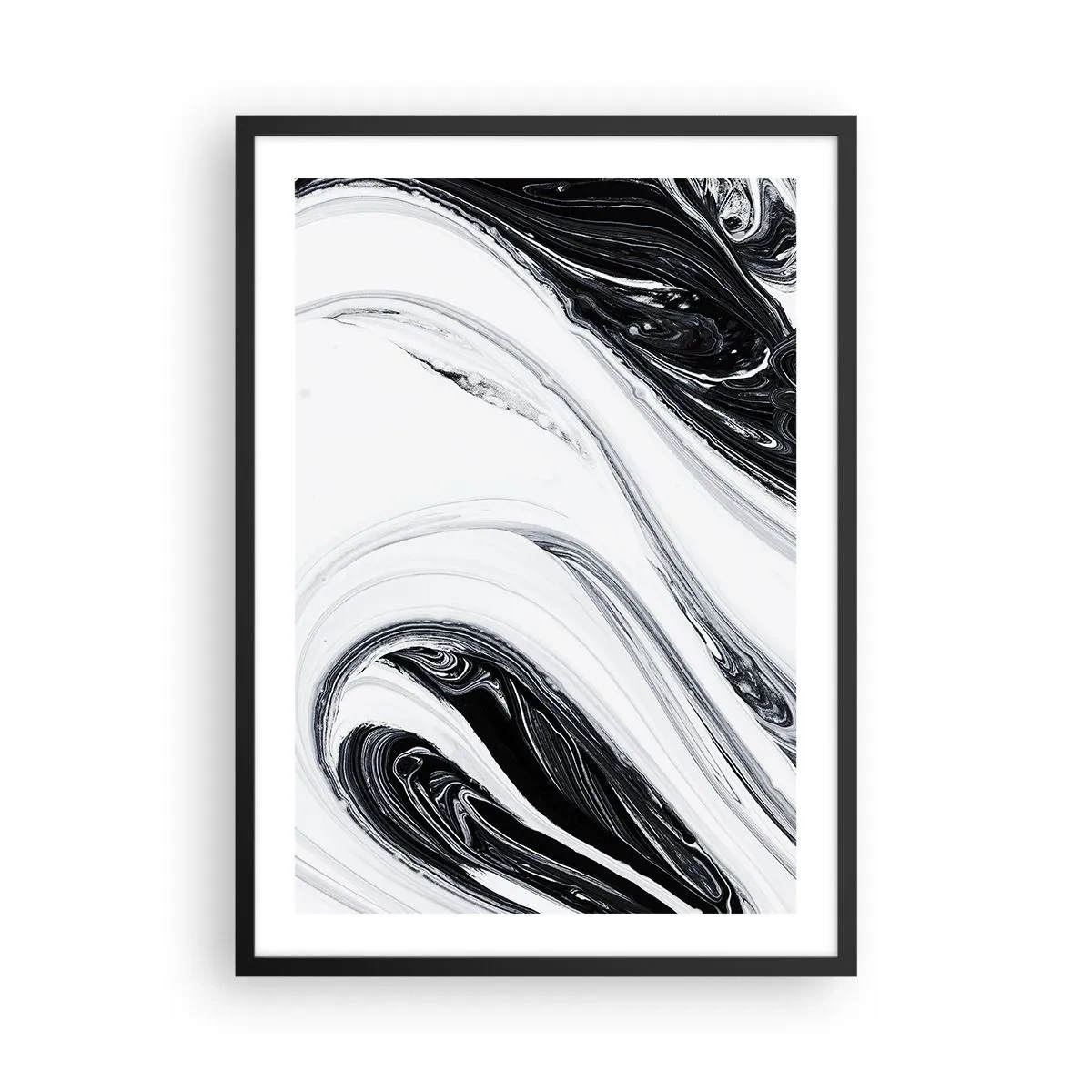 Plagát v čiernom ráme - Abstraktný vzor v čiernej a bielej farbe s plynulými líniami - 50x70cm - Spojenie protikladov - Moderná nástenná dekorácia do obývacej izby a spálne ARTTOR