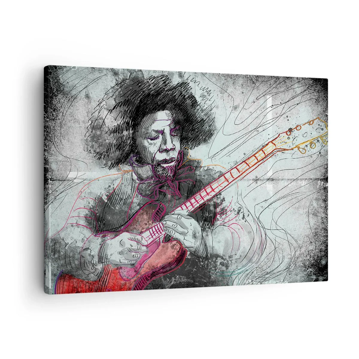 Obraz na plátne - Umelecký portrét gitaristu technikou skice - 70x50cm - Na vlnách hudby - Moderná nástenná dekorácia do obývacej izby a spálne ARTTOR