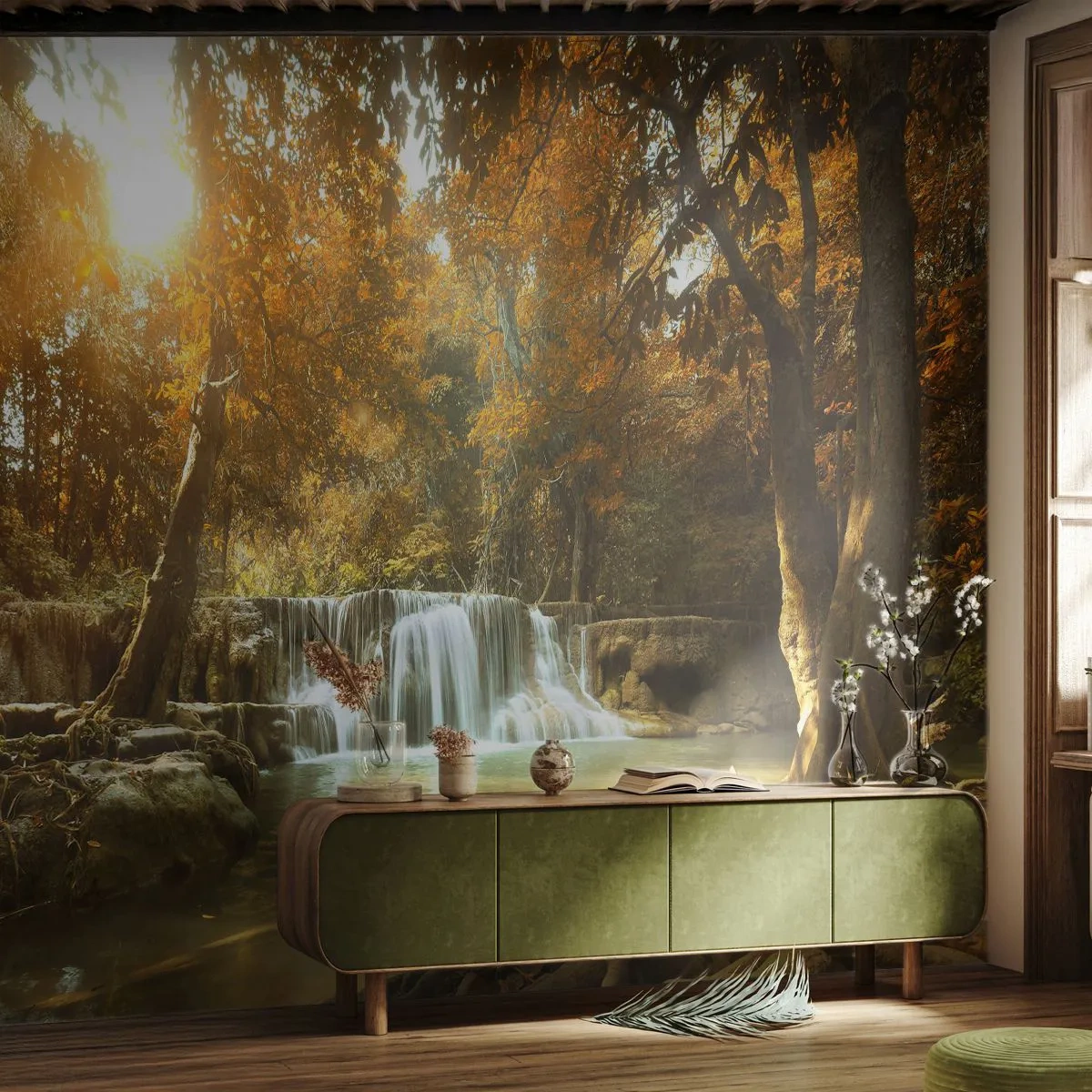 Samolepiaca Fototapeta Deluxe Sticker - Parkový vodopád - Krajina, Vodopád, les - 400x280 cm