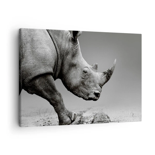Obraz na plátne - Portrét nosorožca na pozadí sivej púšte - 70x50cm - Nezastaviteľná sila - Moderná nástenná dekorácia do obývacej izby a spálne ARTTOR