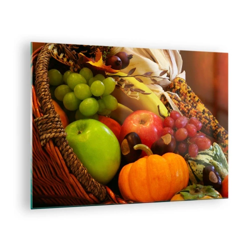 Obraz na skle - Košík plný ovocia a zeleniny v jesennom aranžmáne - 70x50cm - Košík úrody - Moderná nástenná dekorácia do obývacej izby a spálne ARTTOR