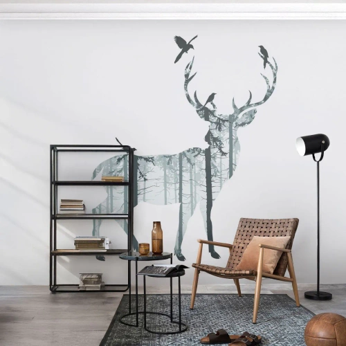 Fototapeta Standard Eco - Jeleň plný lesnej krajiny s vtákmi na parohoch - 100x70cm - Dobrý duch lesa - Moderná nástenná dekorácia do obývacej izby a spálne ARTTOR