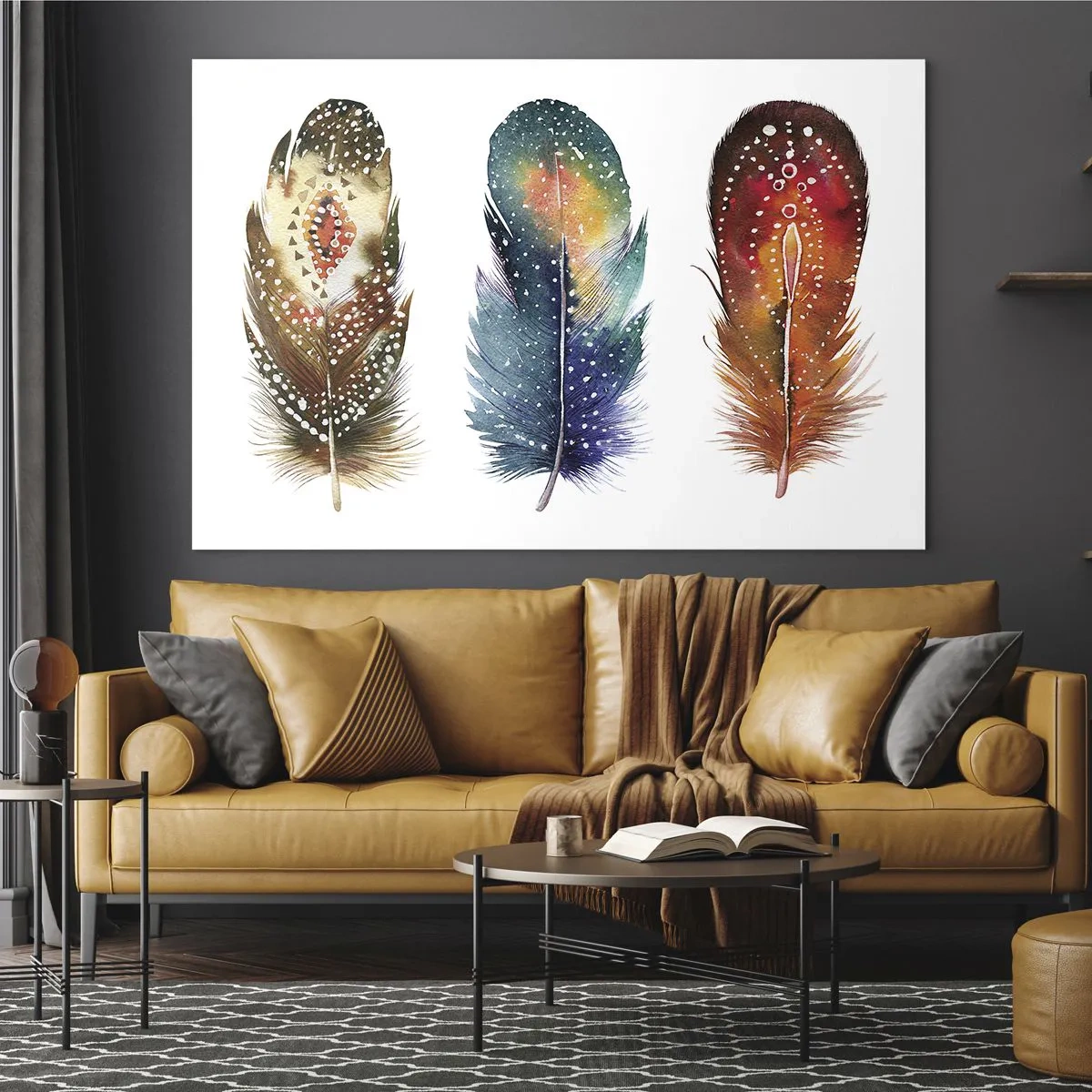 Obraz na skle - Tri farebné pierka s etnickými vzormi - 70x50cm - Rituály, obrady, tajomstvá - Moderná nástenná dekorácia do obývacej izby a spálne ARTTOR