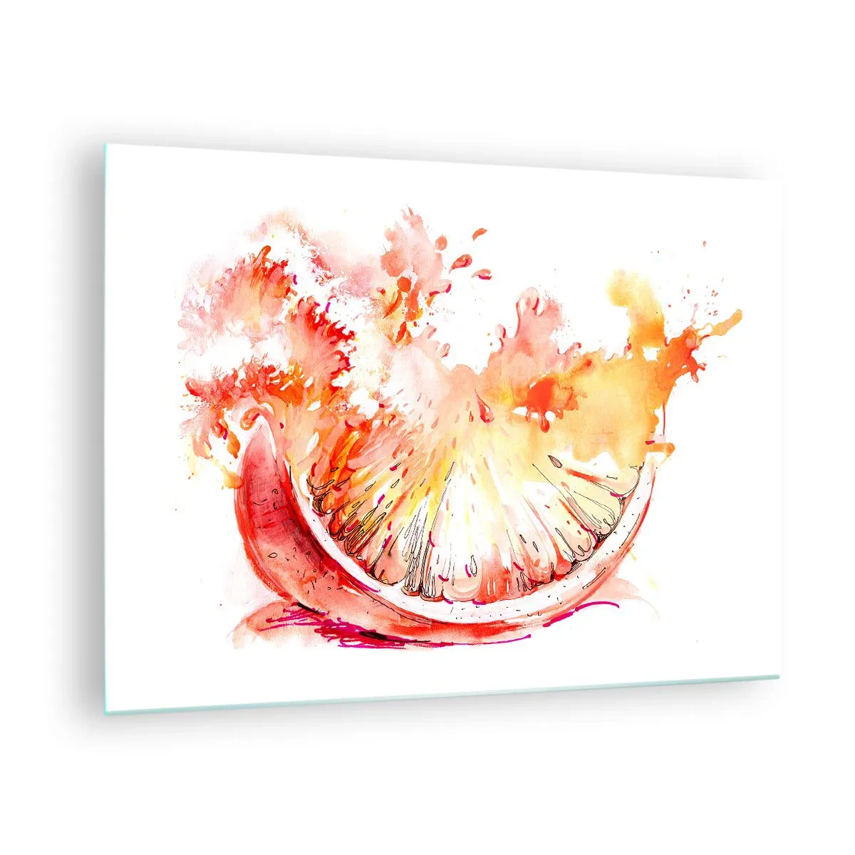 Obraz na skle - Akvarelová maľba šťavnatého segmentu grapefruitu v pohybe - 70x50cm - Šťavnaté osvieženie - Moderná nástenná dekorácia do obývacej izby a spálne ARTTOR