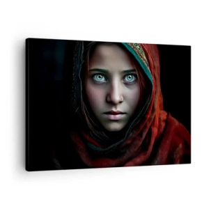 Obraz na plátne - Portrét ženy s intenzívnym pohľadom v teplých farbách - 70x50cm - Východná princezná - Moderná nástenná dekorácia do obývacej izby a spálne ARTTOR