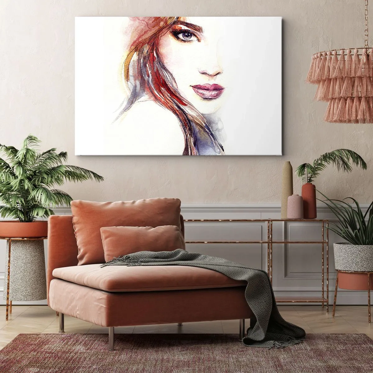 Obraz na plátne - Jemný akvarel ženskej tváre s výrazným pohľadom. - 70x50cm - Vademecum - poď so mnou - Moderná nástenná dekorácia do obývacej izby a spálne ARTTOR