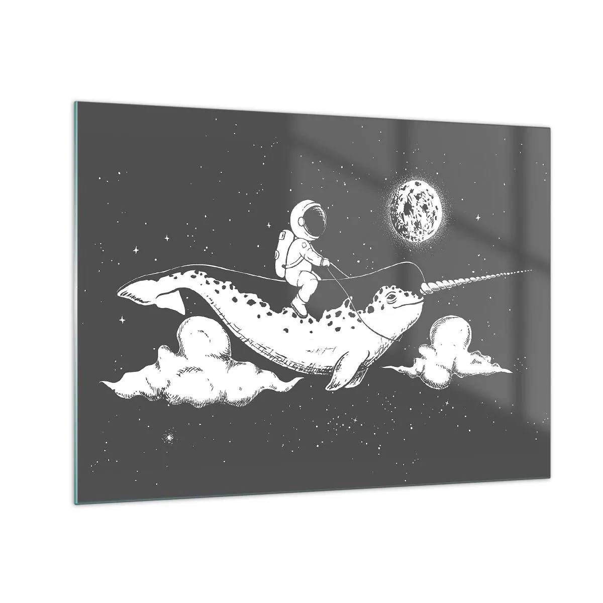 Obraz na skle - Astronaut jazdiaci na narvale vo vesmírnom prostredí - 70x50cm - Vesmírny jazdec - Moderná nástenná dekorácia do obývacej izby a spálne ARTTOR