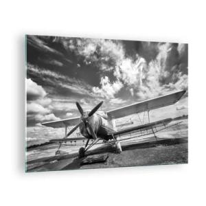 Obraz na skle - Čiernobiela fotografia klasického dvojplošníka - 70x50cm - Nemôžem sa toho dočkať! - Moderná nástenná dekorácia do obývacej izby a spálne ARTTOR