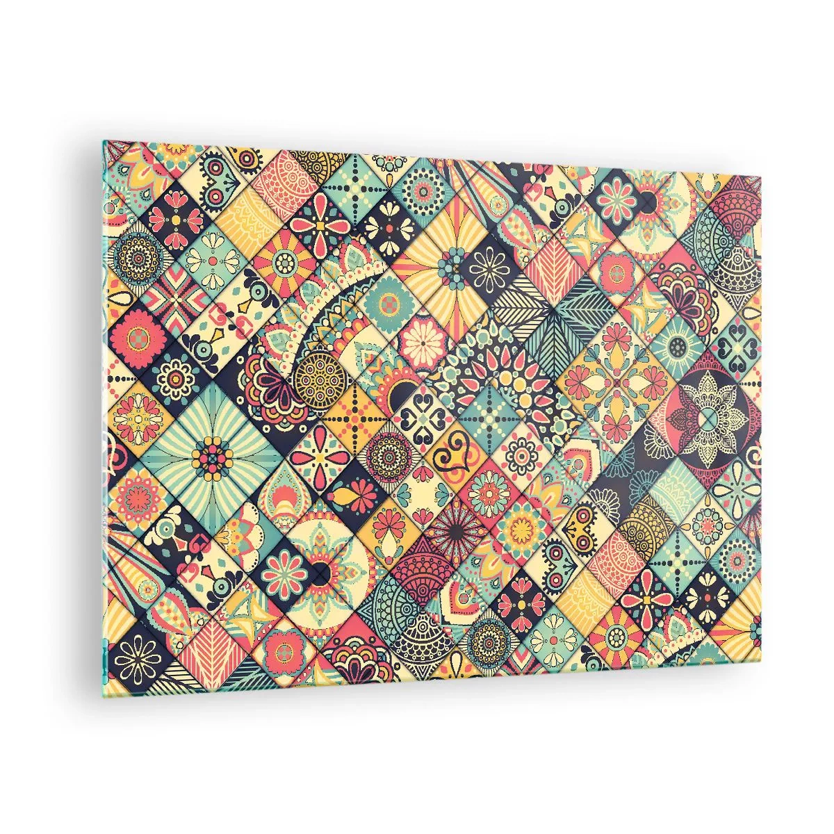 Obraz na skle - Farebný vzor inšpirovaný marockými dlaždicami s geometrickými motívmi - 70x50cm - Marocká vízia - Moderná nástenná dekorácia do obývacej izby a spálne ARTTOR