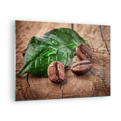 Obraz na skle - Kávové zrná na liste a drevenom pozadí - 70x50cm - Najskutočnejšia a čierna - Moderná nástenná dekorácia do obývacej izby a spálne ARTTOR