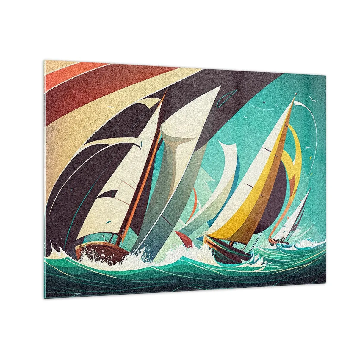 Obraz na skle - Retro štýl ilustrácie plachetníc v rozbúrenom mori - 70x50cm - Ako vychádzať so živlami - Moderná nástenná dekorácia do obývacej izby a spálne ARTTOR