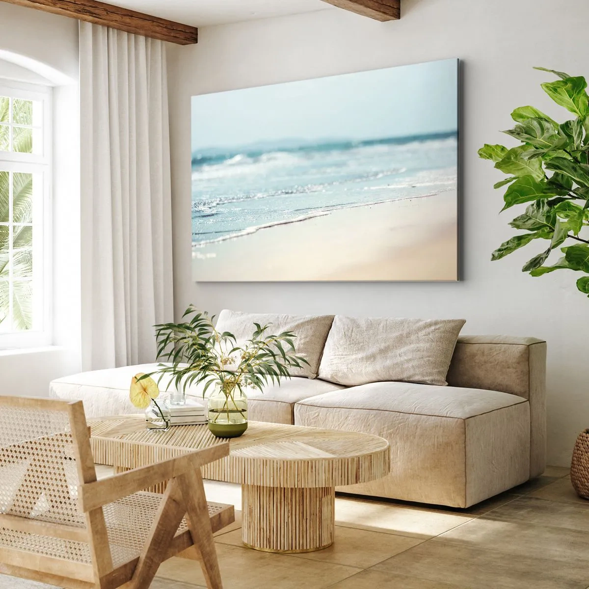 Obraz na plátne - Jemné oceánske vlny na piesočnatej pláži - 70x50cm - Teplo a hluk - Moderná nástenná dekorácia do obývacej izby a spálne ARTTOR