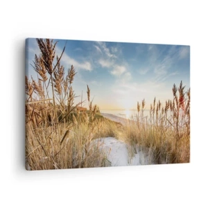 Obraz na plátne - Malebná pláž s trávou a zapadajúcim slnkom - 70x50cm - Severná pláž - Moderná nástenná dekorácia do obývacej izby a spálne ARTTOR