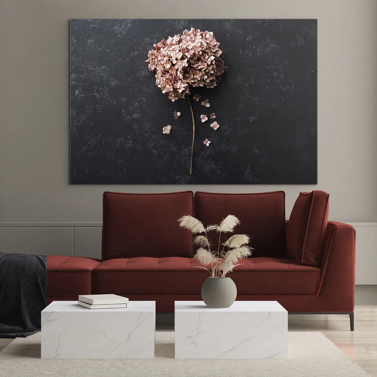 Obraz na skle - Suchá hortenzia s roztrúsenými okvetnými lístkami na tmavom pozadí - 70x50cm - Skutočne romantické znamenie - Moderná nástenná dekorácia do obývacej izby a spálne ARTTOR