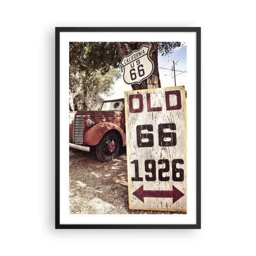 Plagát v čiernom ráme - Veterán na značke Route 66 - 50x70cm - Legenda americkej provincie - Moderná nástenná dekorácia do obývacej izby a spálne ARTTOR