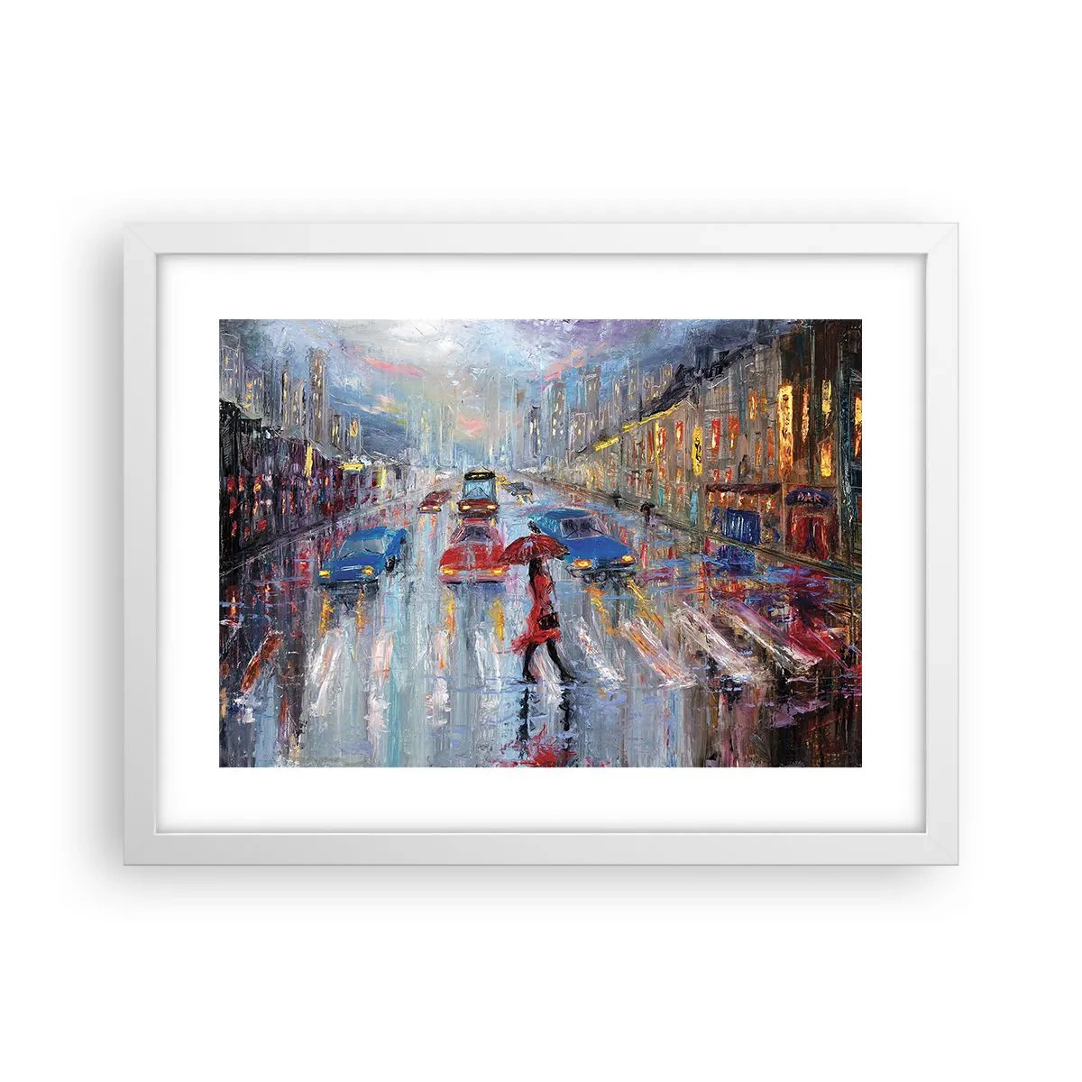 Plagát v bielom ráme - Daždivé popoludnie v meste - 40x30 cm
