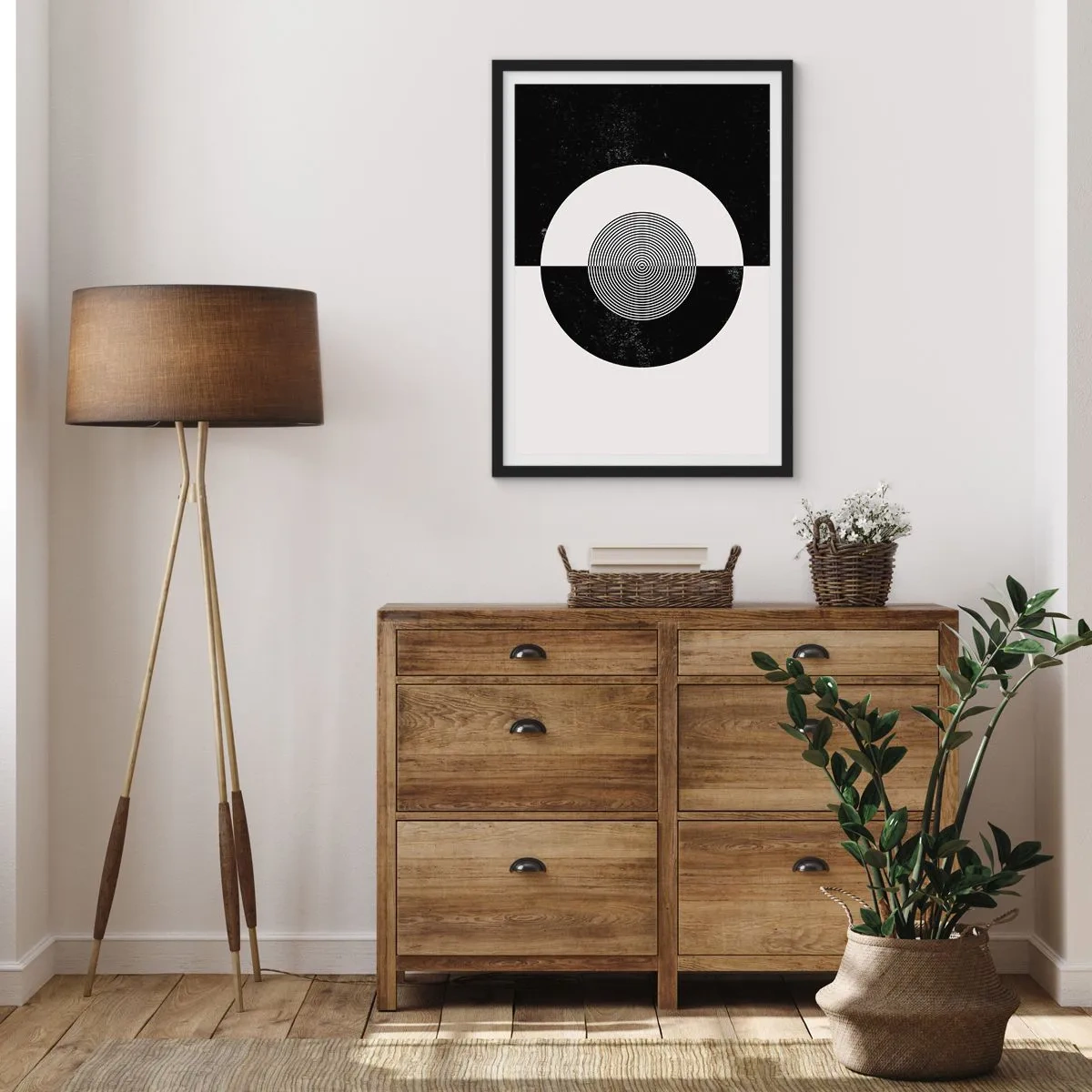 Plagát v čiernom ráme - Geometrický vzor v čiernej a bielej farbe so sústredným kruhom - 50x70cm - Harmónia v čiernej a bielej - Moderná nástenná dekorácia do obývacej izby a spálne ARTTOR