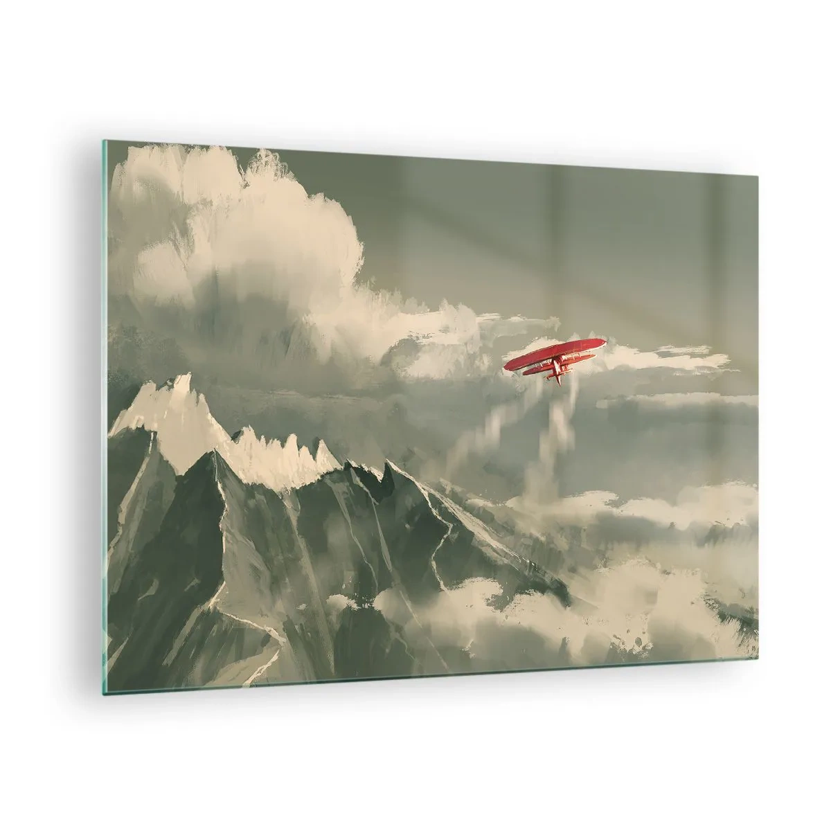 Obraz na skle - Červené lietadlo letiace nad zasneženými horami - 70x50cm - Nebojácny priekopník - Moderná nástenná dekorácia do obývacej izby a spálne ARTTOR