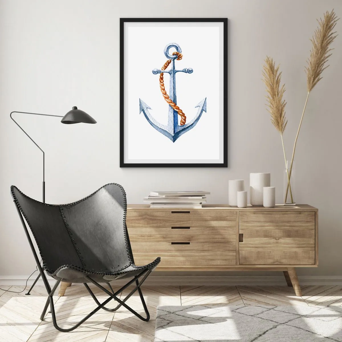 Plagát v čiernom ráme - Kotva s lanom v akvarelovom štýle - 50x70cm - Ahoj, dobrodružstvo! - Moderná nástenná dekorácia do obývacej izby a spálne ARTTOR