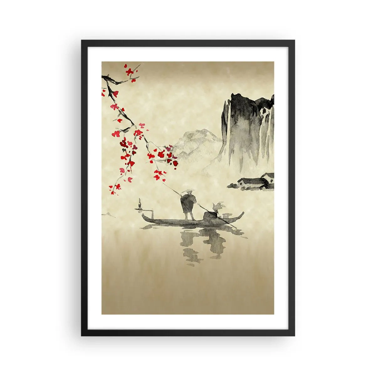 Plagát v čiernom ráme - Orientálna scéna s rybármi na lodi - 50x70cm - V krajine kvitnúcich čerešní - Moderná nástenná dekorácia do obývacej izby a spálne ARTTOR