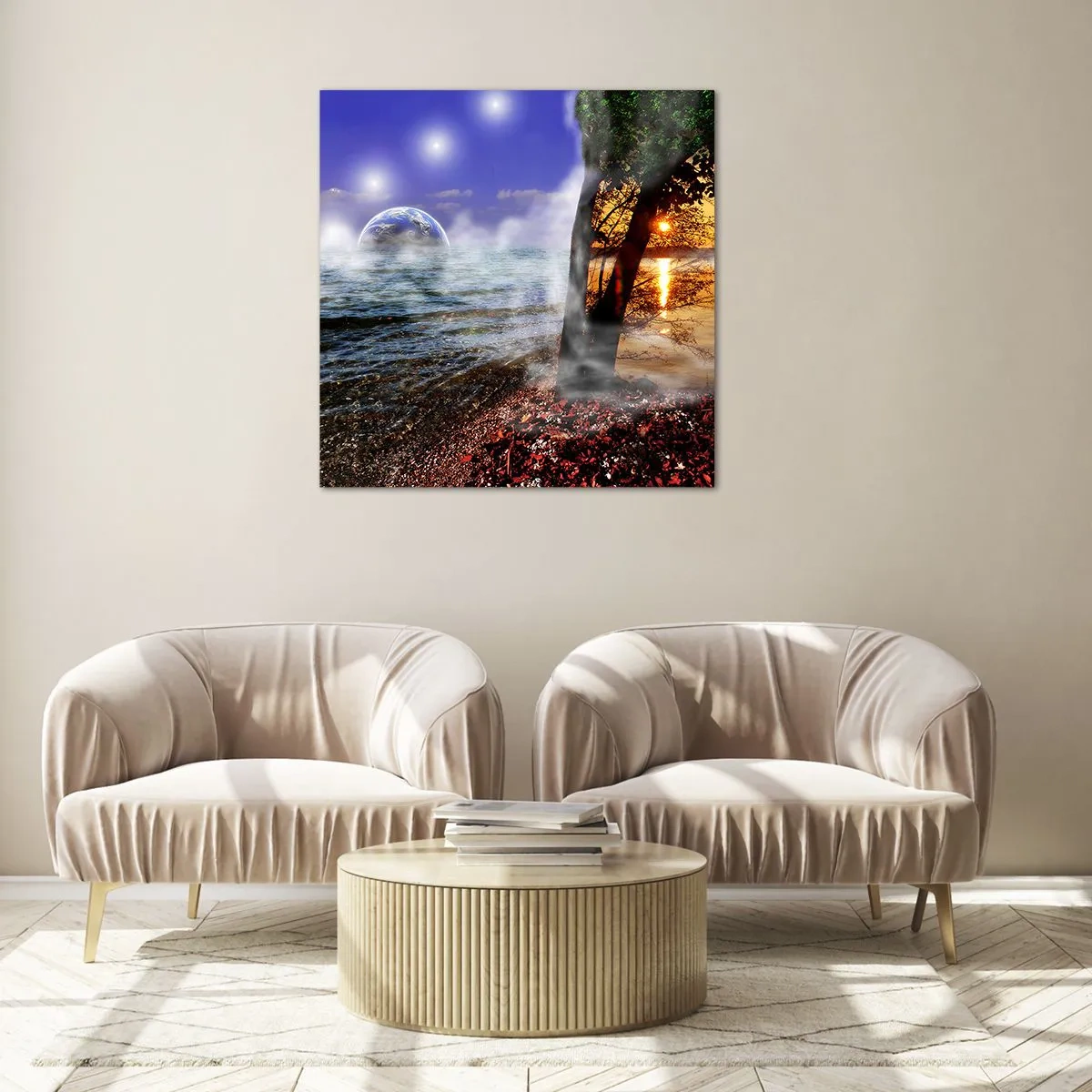 Obraz na skle - Surrealistická krajina - jednota prírody - 30x30 cm