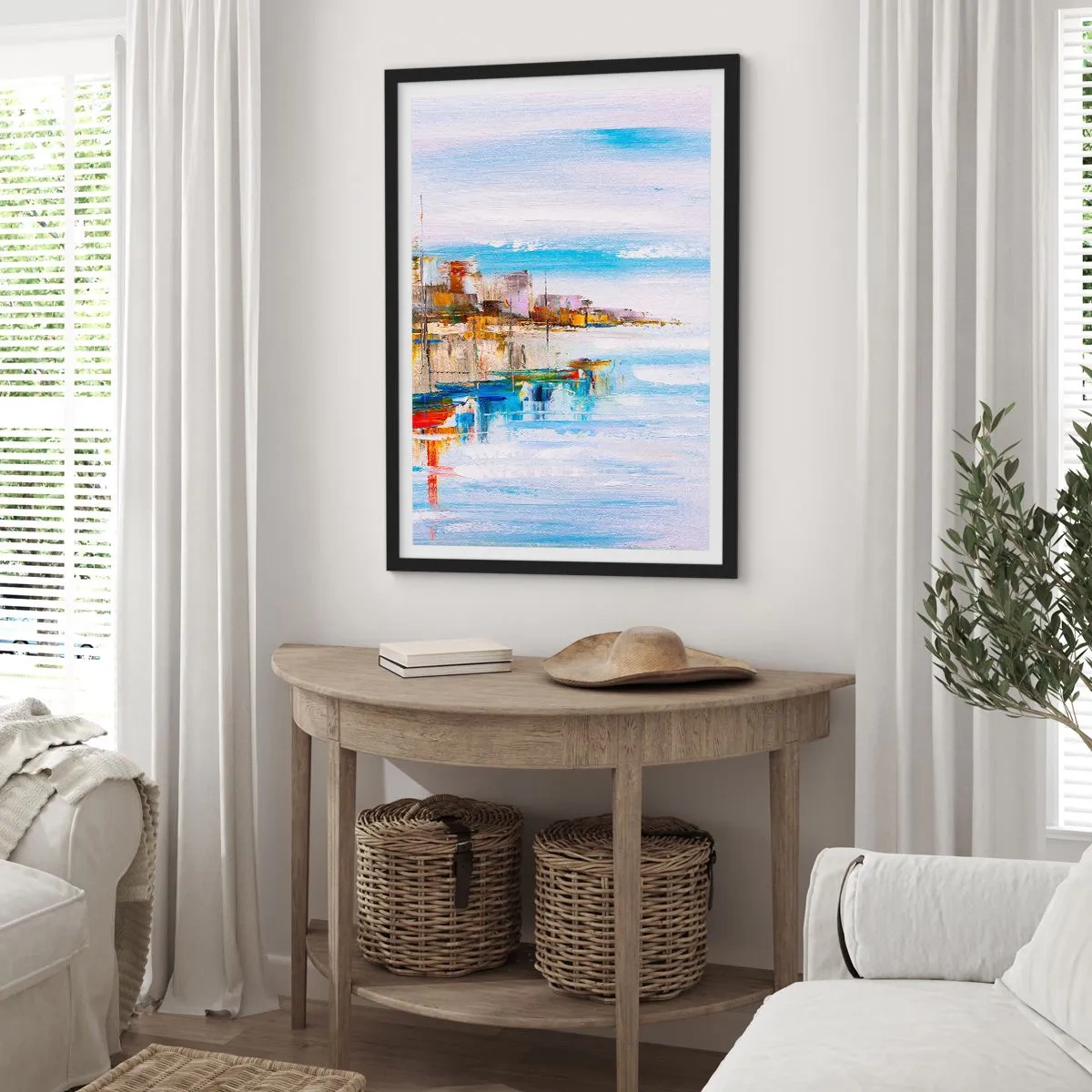 Plagát v čiernom ráme - Farebná krajina prímorského mestečka - 50x70cm - Viacfarebný mestský prístav - Moderná nástenná dekorácia do obývacej izby a spálne ARTTOR