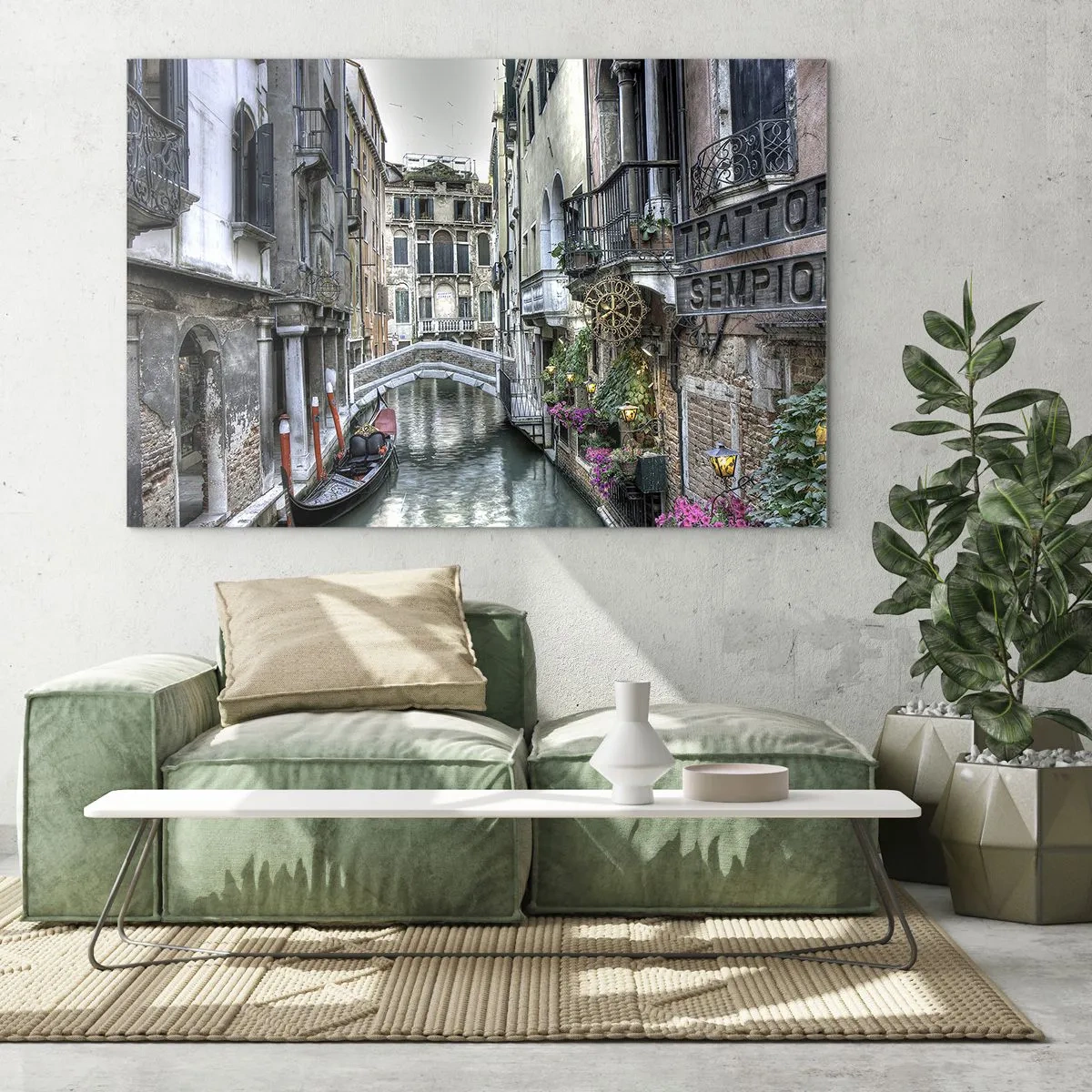 Obraz na skle - Romantický výhľad na benátsky kanál s gondolou - 70x50cm - Od storočí v tichom zamyslení - Moderná nástenná dekorácia do obývacej izby a spálne ARTTOR