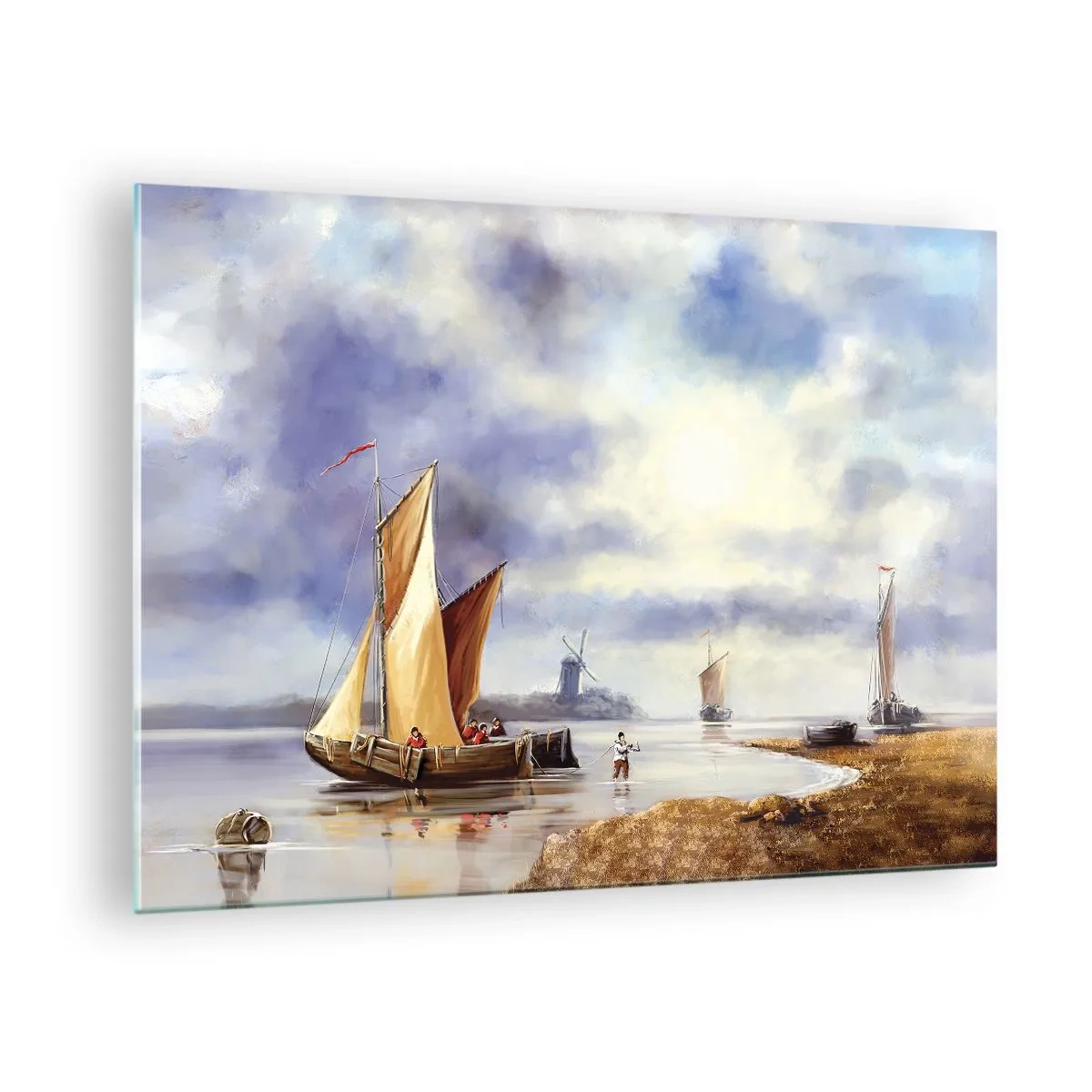 Obraz na skle - Plachetnice na pokojnom jazere s veternými mlynmi v pozadí - 70x50cm - Návrat námorníkov - Moderná nástenná dekorácia do obývacej izby a spálne ARTTOR