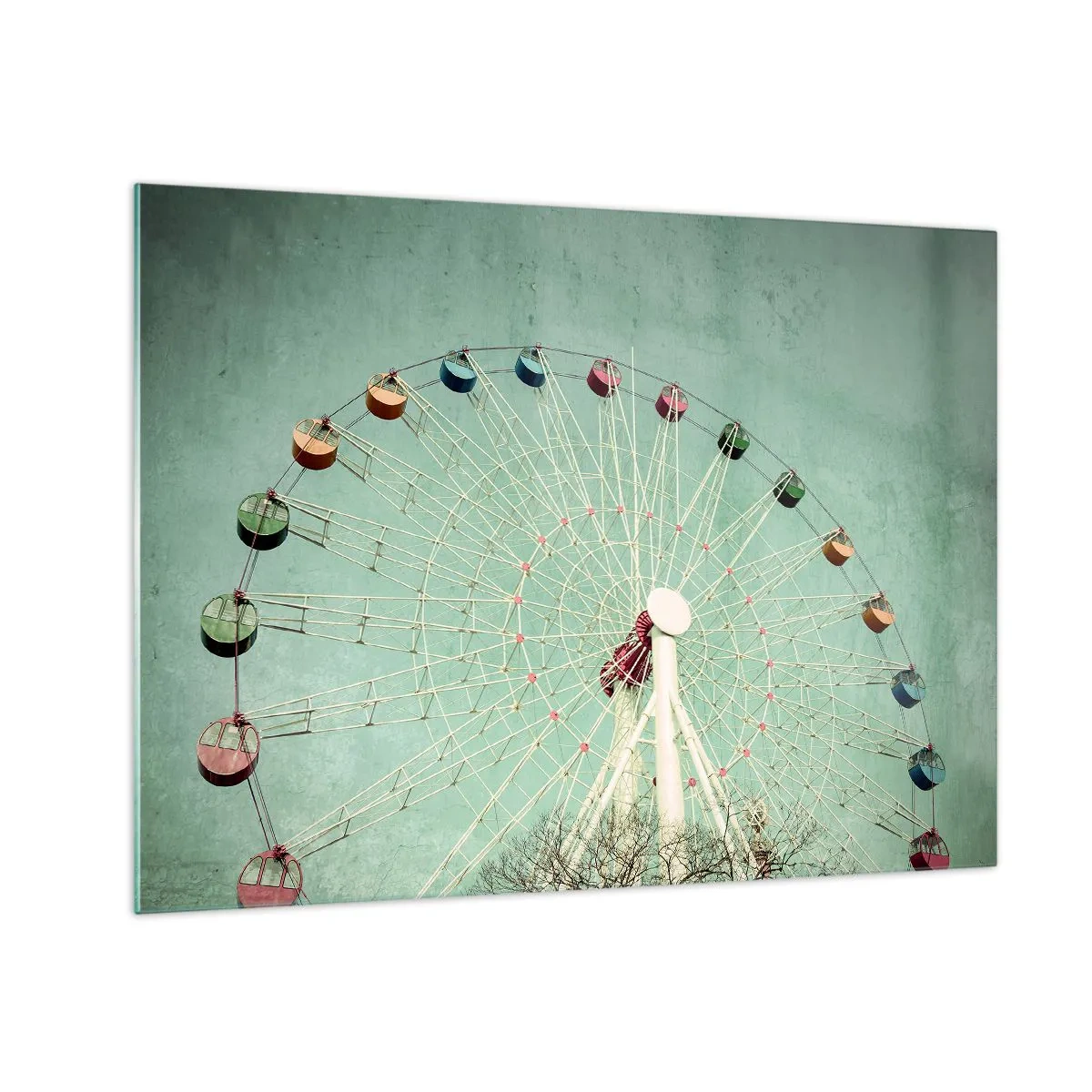 Obraz na skle - Farebné ruské koleso na pastelovo zelenom pozadí - 70x50cm - Pozývame vás na zábavu - Moderná nástenná dekorácia do obývacej izby a spálne ARTTOR