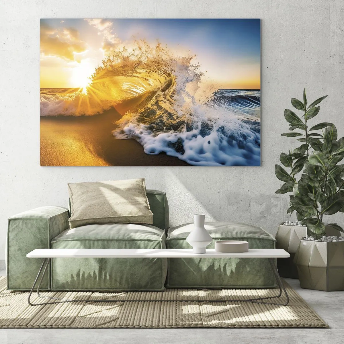 Obraz na skle - Vlna narážajúca na breh, osvetlená lúčmi zapadajúceho slnka - 70x50cm - Hra v piesku - Moderná nástenná dekorácia do obývacej izby a spálne ARTTOR