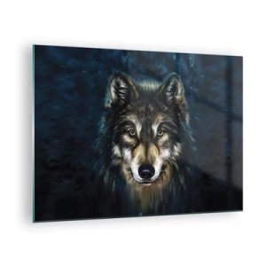 Obraz na skle - Vlk na tmavom lesnom pozadí v realistickom štýle. - 70x50cm - Alfa? A omega - Moderná nástenná dekorácia do obývacej izby a spálne ARTTOR