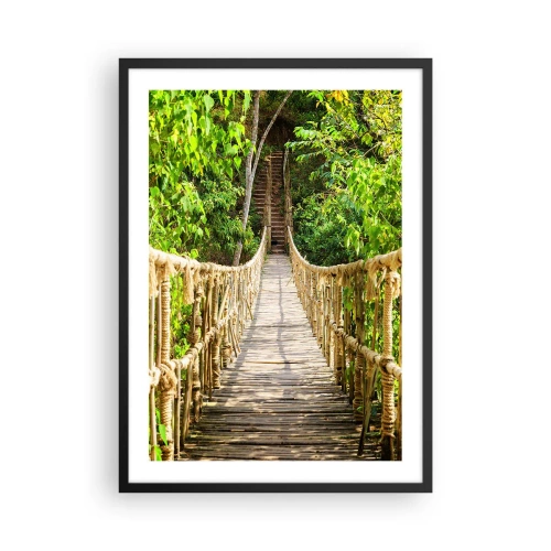 Plagát v čiernom ráme - Drevený lanový most obklopený bujnou zeleňou - 50x70cm - Zavesený v zelenej - Moderná nástenná dekorácia do obývacej izby a spálne ARTTOR