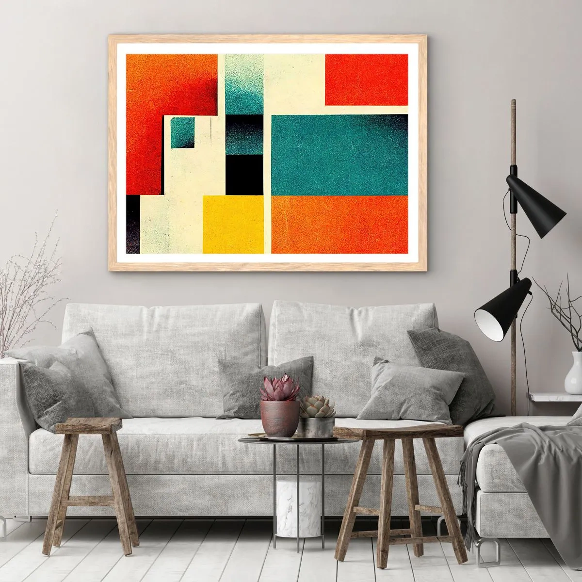 Plagát v ráme zo svetlého duba - Geometrická abstrakcia – dobrá energia - 100x70 cm