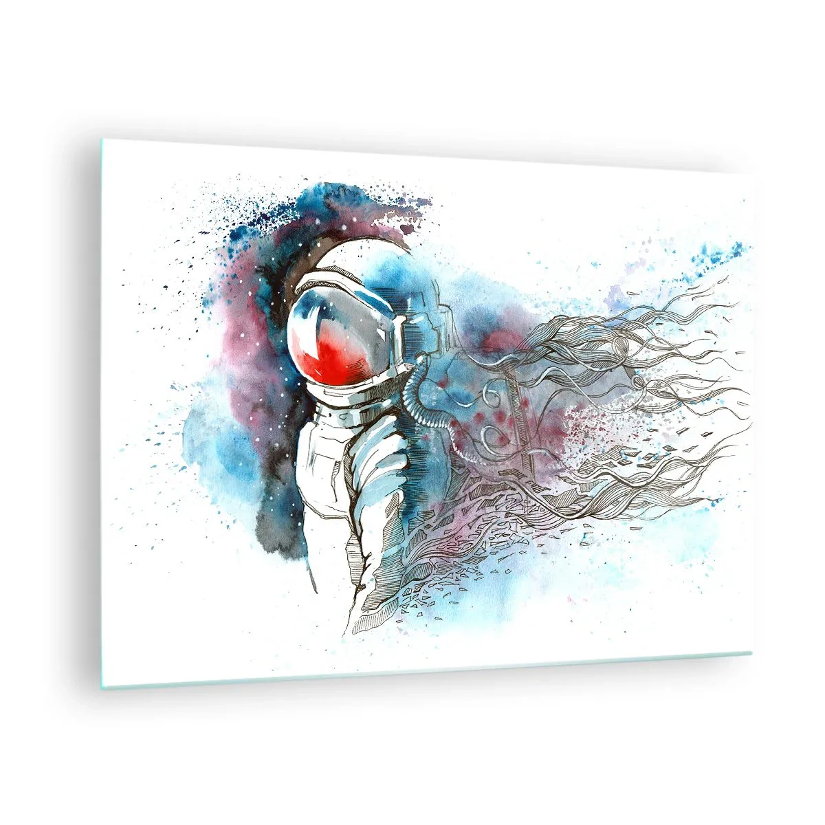 Obraz na skle - Astronaut v dynamickom vesmírnom prostredí s akvarelovou farbou - 70x50cm - Sám s vesmírom - Moderná nástenná dekorácia do obývacej izby a spálne ARTTOR