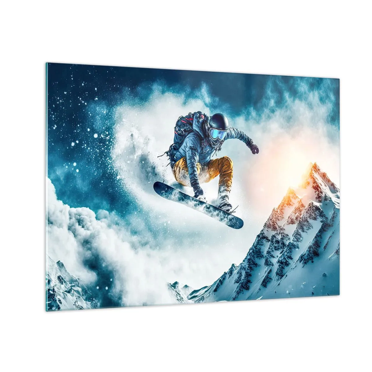 Obraz na skle - Snowboardista letí nad zasneženými horami - 70x50cm - Extrémne emócie - Moderná nástenná dekorácia do obývacej izby a spálne ARTTOR
