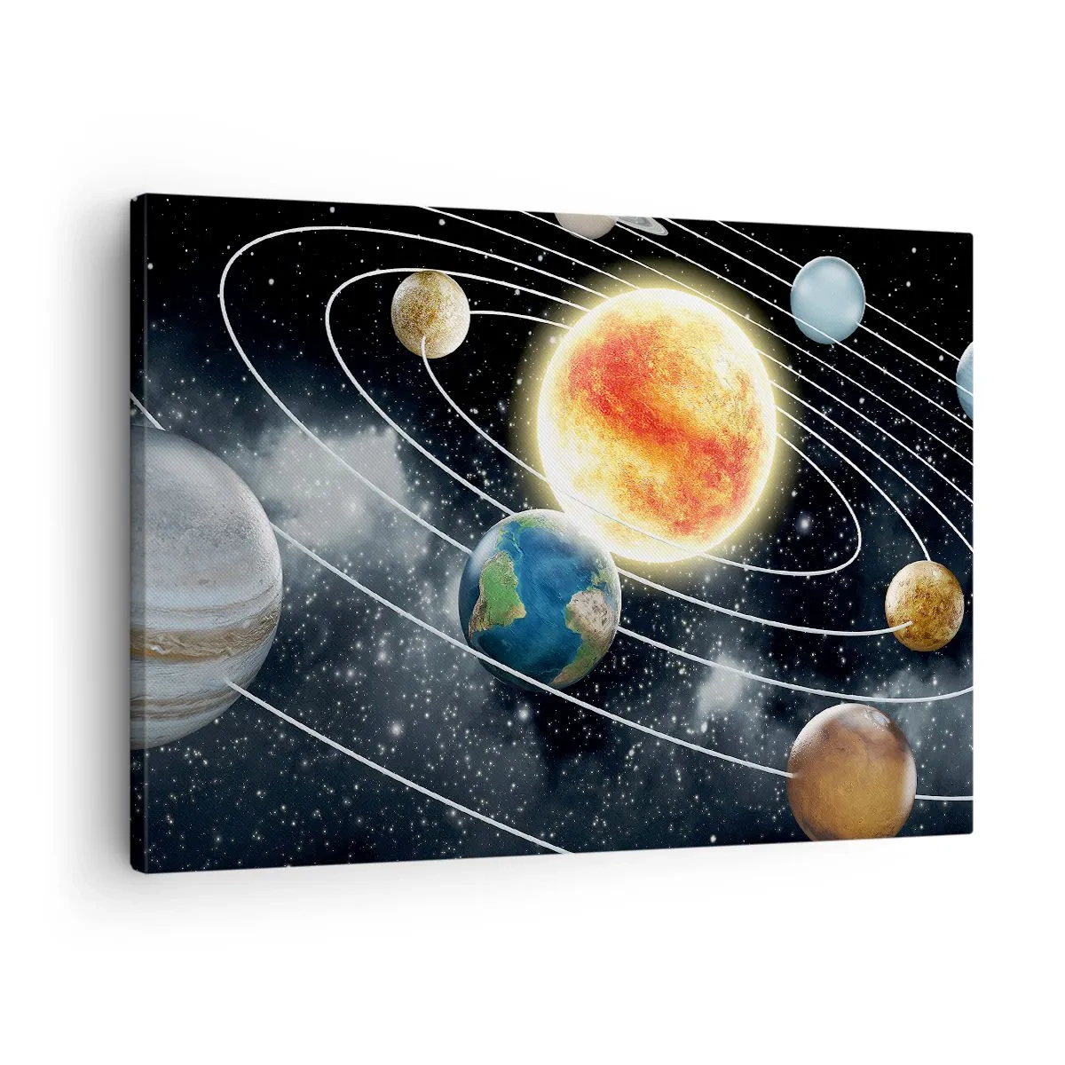 Obraz na plátne - Slnečná sústava s planétami a slnkom vo vesmíre - 70x50cm - Vesmírny tanec - Moderná nástenná dekorácia do obývacej izby a spálne ARTTOR