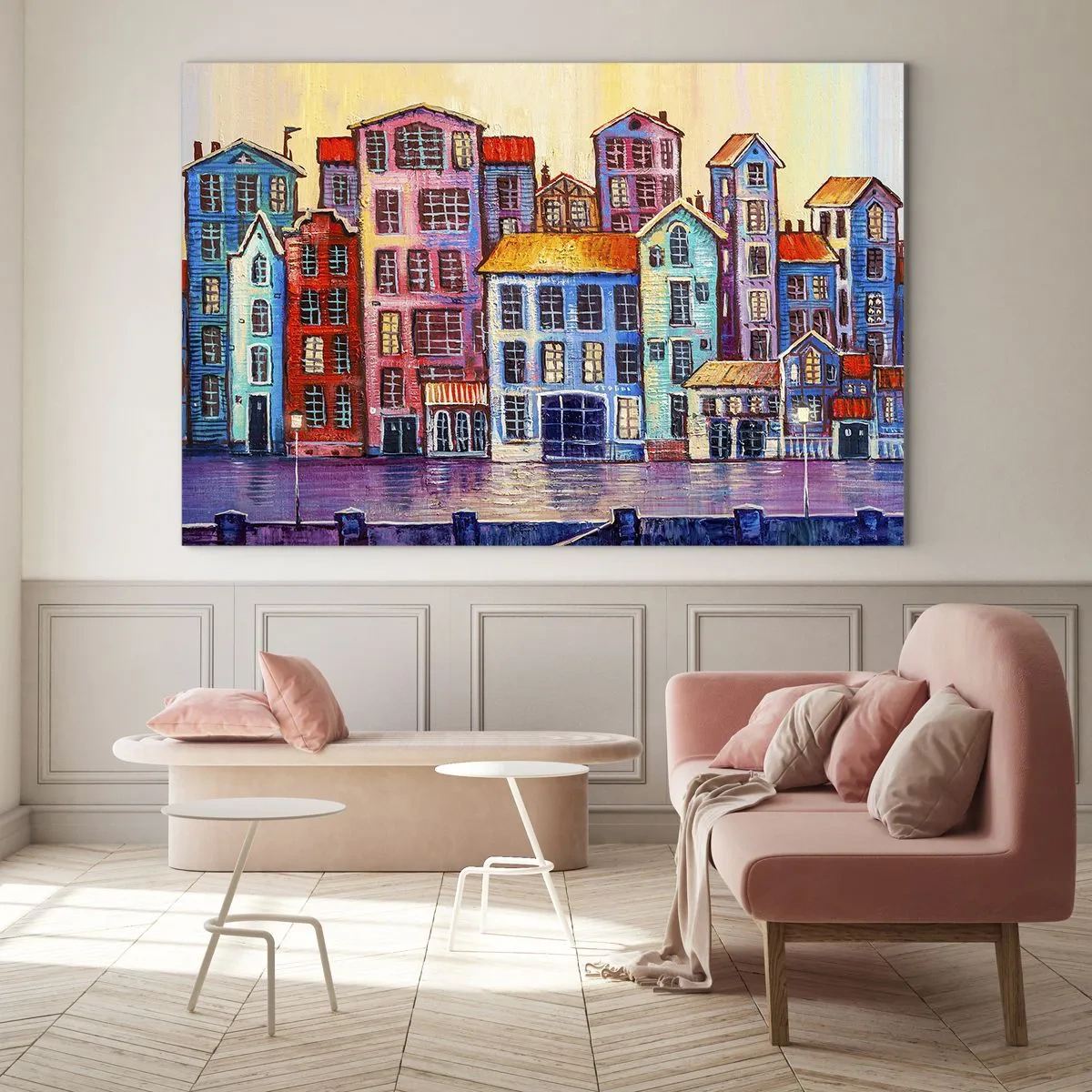 Obraz na skle - Farebné činžiakové domy sa odrážajú vo vode - 70x50cm - Mesto ako z rozprávky - Moderná nástenná dekorácia do obývacej izby a spálne ARTTOR