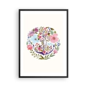 Plagát v čiernom ráme - Akvarelová kotva obklopená kvetmi na svetlom pozadí. - 50x70cm - Námorníkov krásny sen - Moderná nástenná dekorácia do obývacej izby a spálne ARTTOR